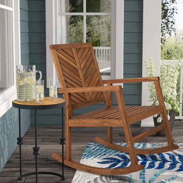 Ned Modern Chevron-Back 300-Lbs Support Acacia Wood Patio Outdoor Rocking Chair - JONATHAN Y
